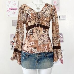 Faded Glory Y2K Brown Boho Floral Fairy Blouse Size S — Whimsygoth